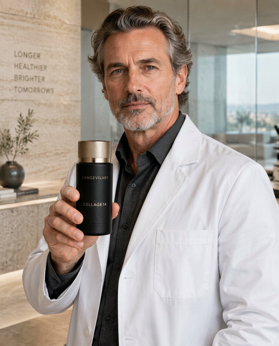 Conceptual editorial portrait of a senior male longevity physician presenting CELLAGE14