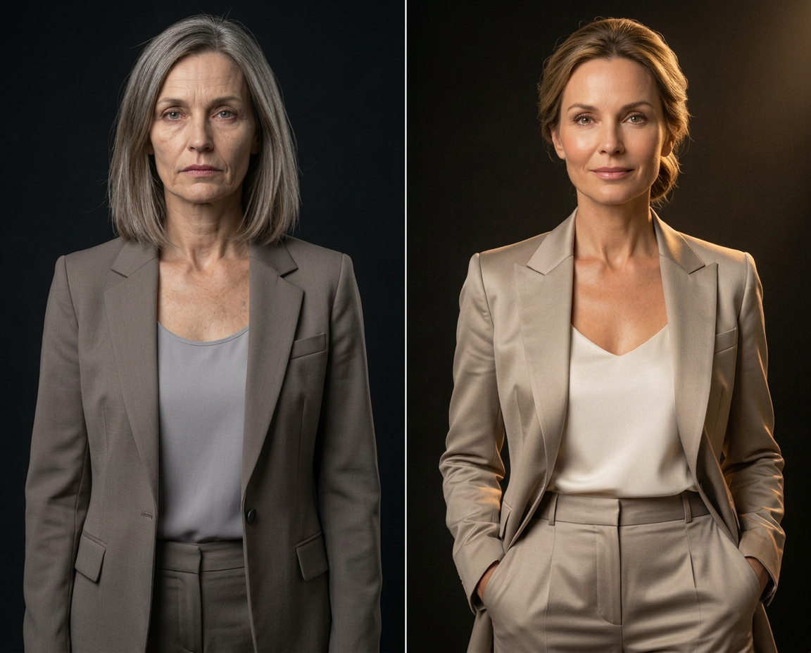 Split editorial portrait of two clearly different fictional women around age 50: greater visible fatigue and cellular-wear concept on the left, and a conceptual healthy-vitality trajectory on the right.