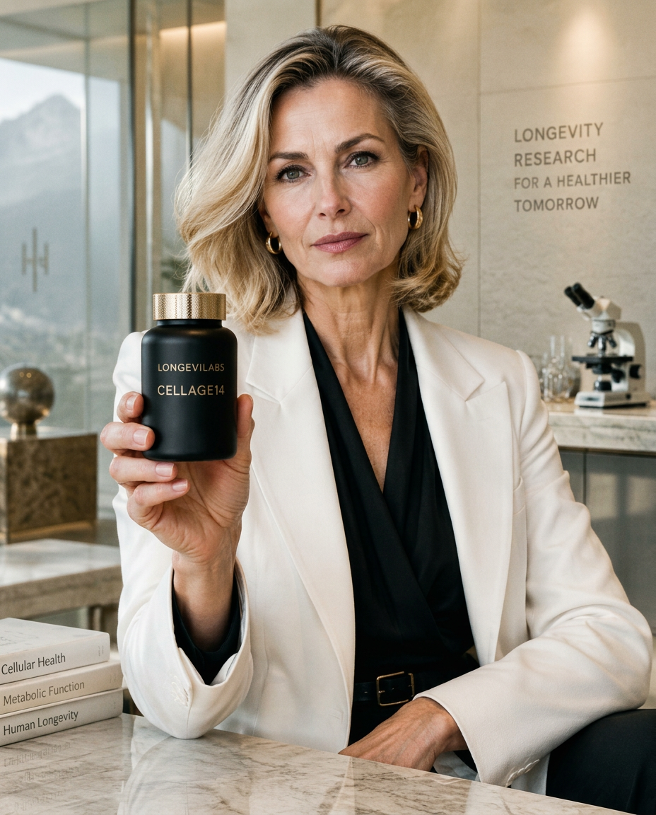Conceptual editorial portrait of a senior female longevity researcher presenting CELLAGE14