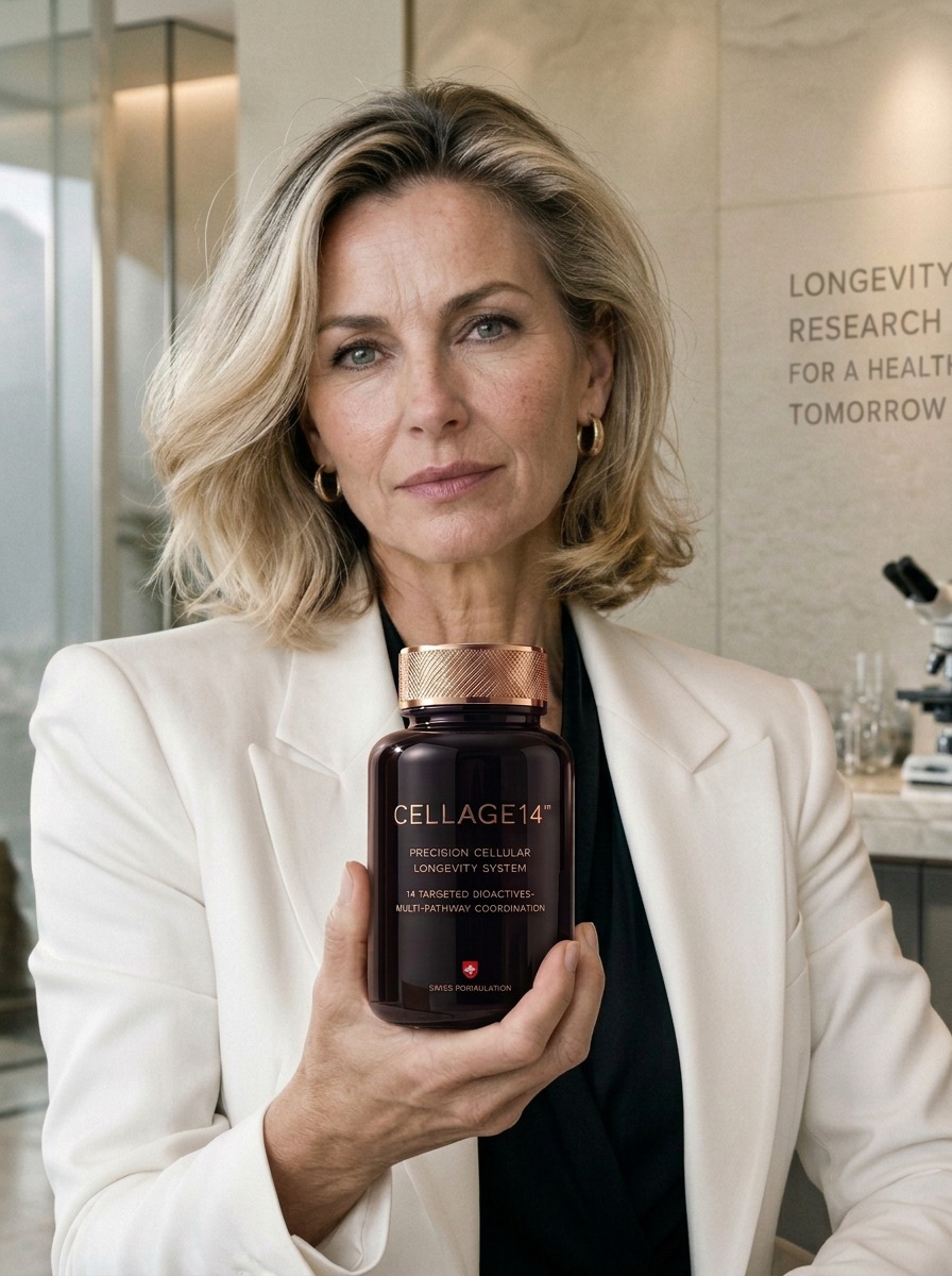 Conceptual editorial portrait of a senior female longevity researcher presenting CELLAGE14