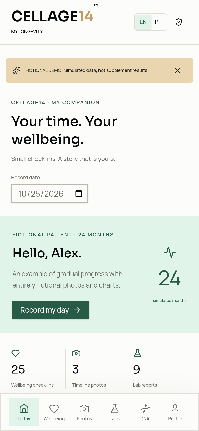 Your day · Actual app screens · fictional demo · app in English and Portuguese
