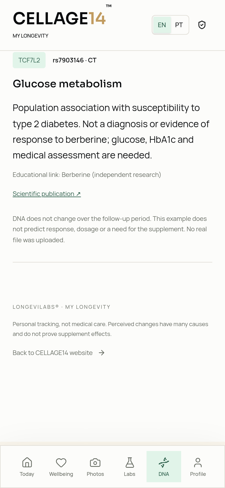 Genetic insights · Actual app screens · fictional demo · app in English and Portuguese