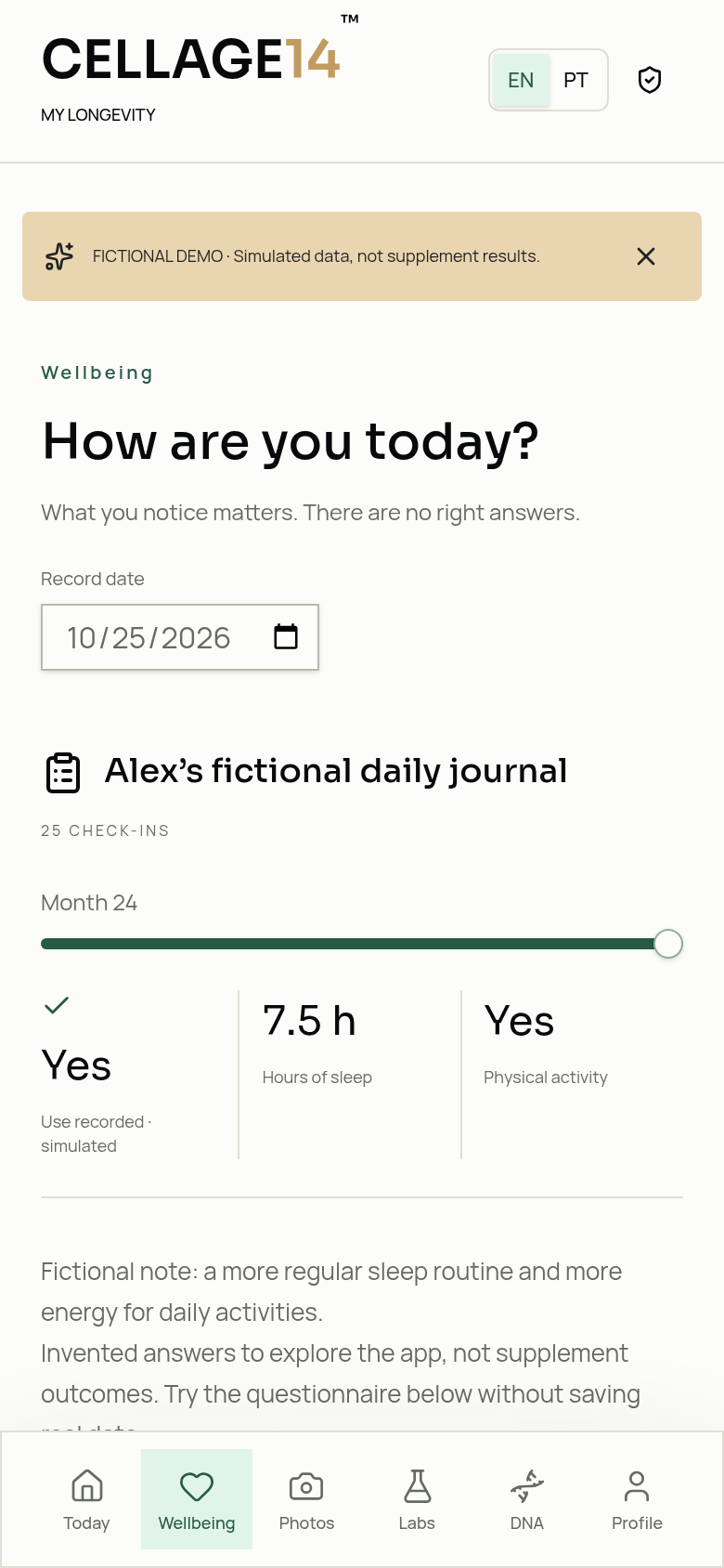 Wellbeing journal · Actual app screens · fictional demo · app in English and Portuguese