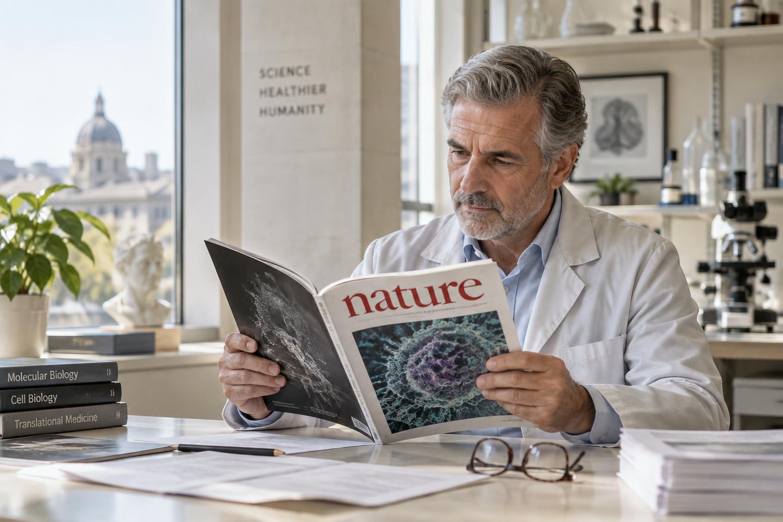 Biomedical scientist reading an issue of Nature at a research desk