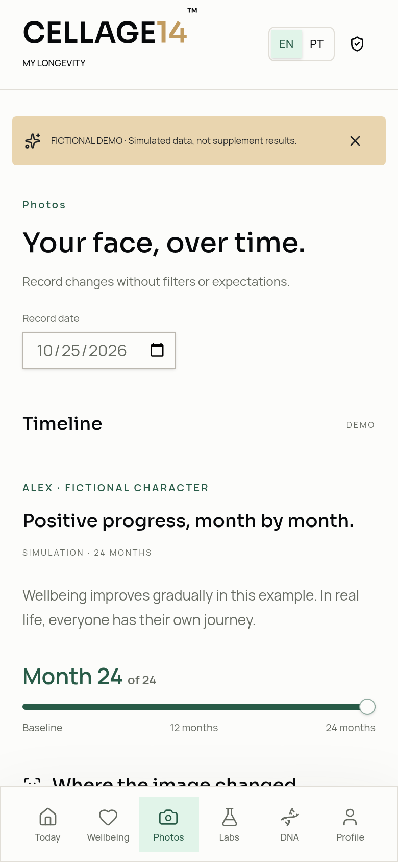 Photo timeline · Actual app screens · fictional demo · app in English and Portuguese