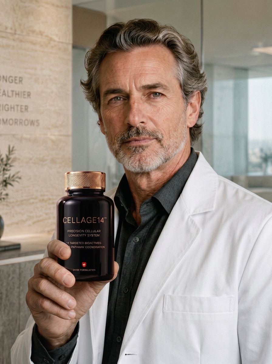 Conceptual editorial portrait of a senior male longevity physician presenting CELLAGE14