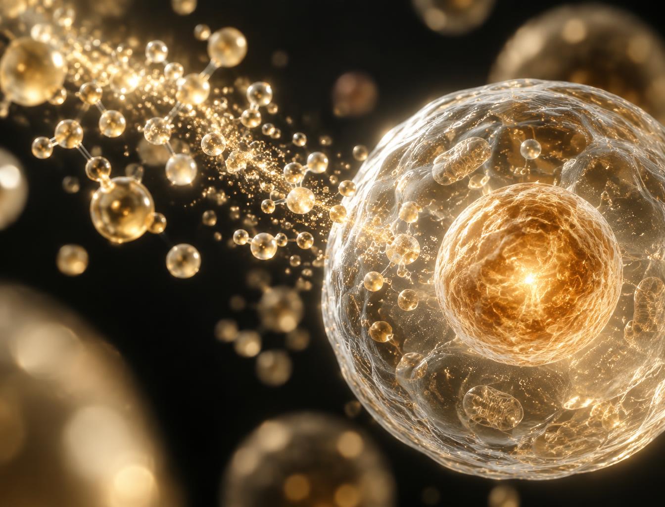 Golden nutrient molecules flowing toward a luminous living cell