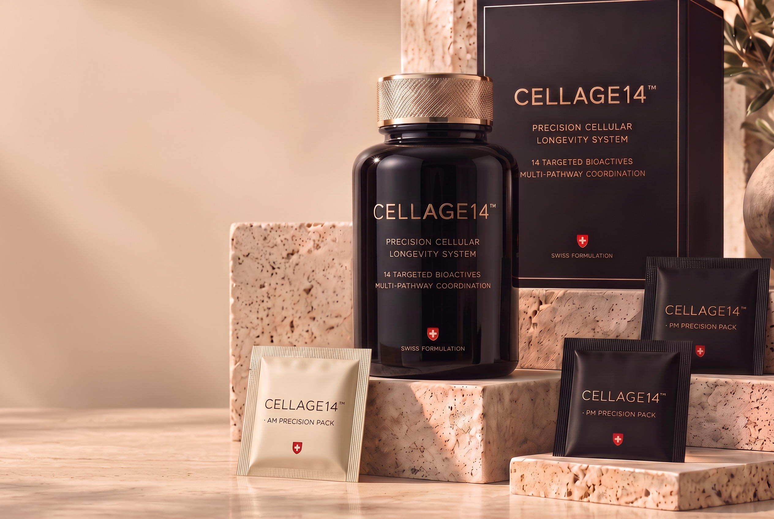 CELLAGE14 obsidian bottle and presentation box for the two-capsule daily system